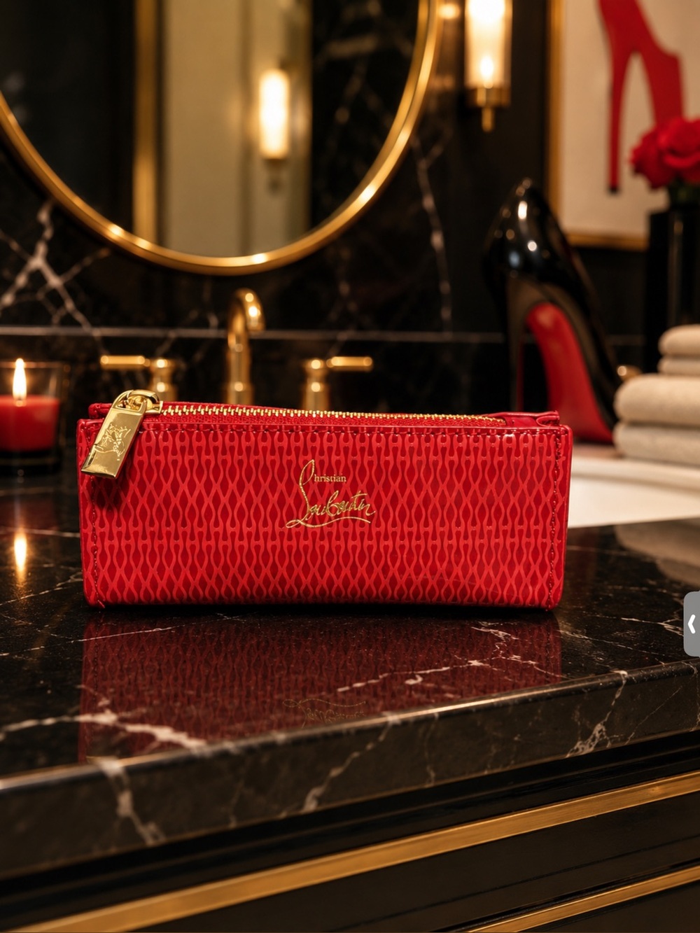 Christian Louboutin Red Textured Zip Cosmetic Pouch